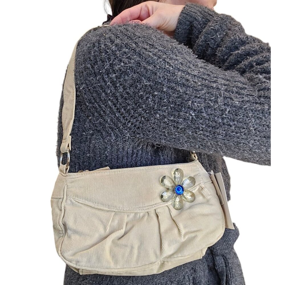 Y2K Tan Corduroy Shoulder Bag Small Beige NWT With Flower‎ Brooch Neutral Mini